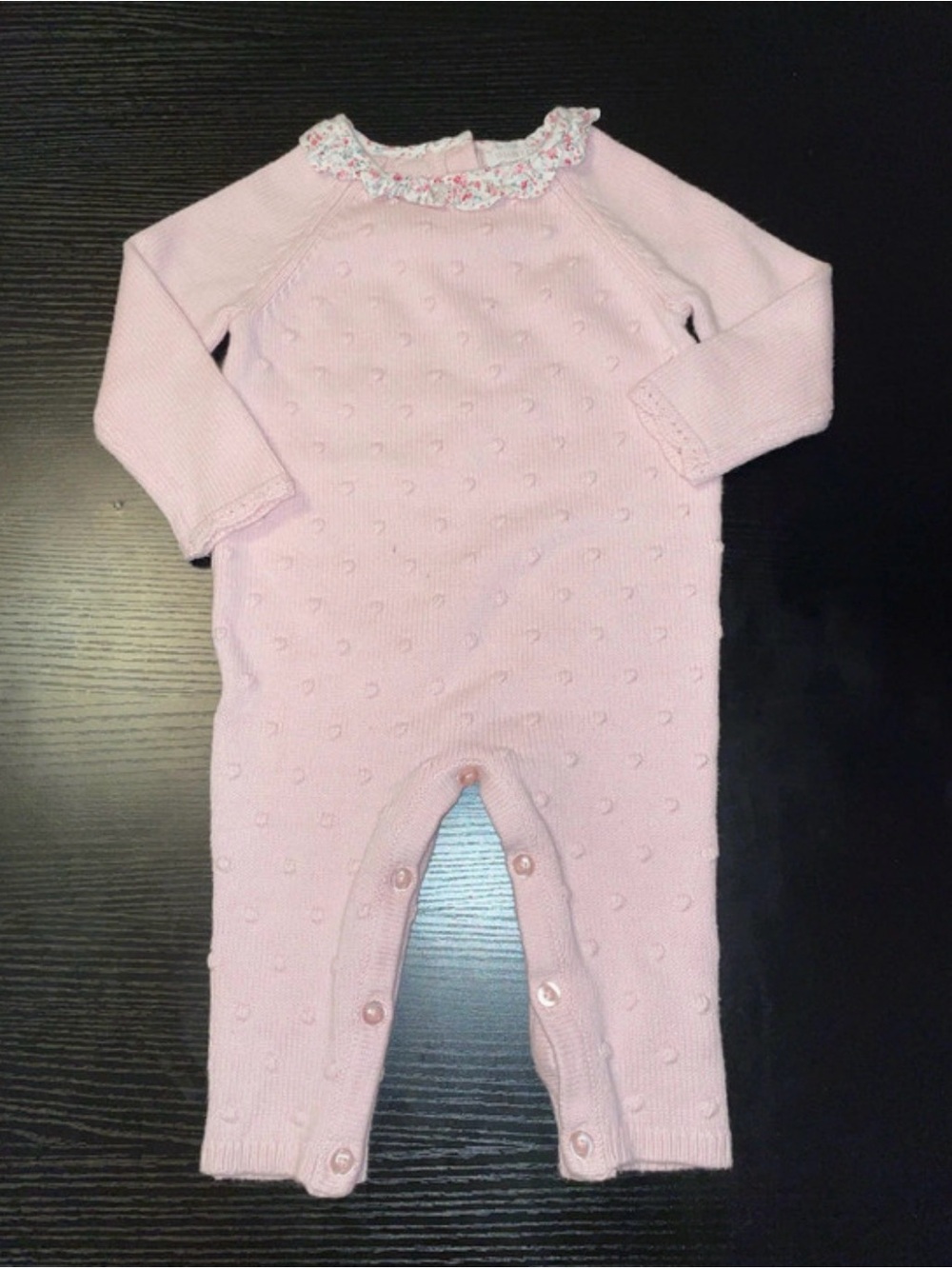 Shabby Chic Pink Knit Romper with Floral Ruffle Collar